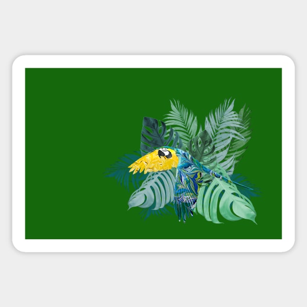 Tropical Marbled Paper Parrot with Jungle Leaves-Green Sticker by MarbleCloud